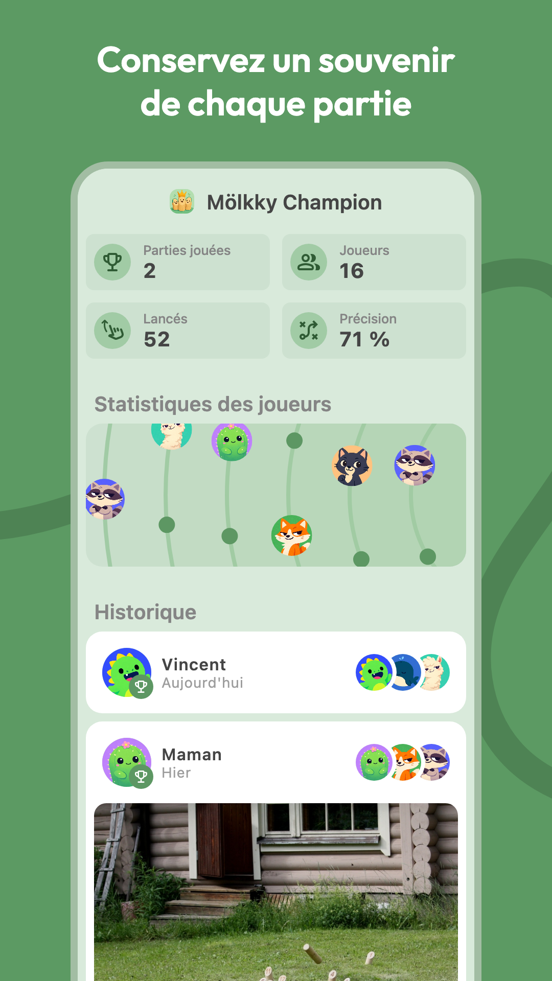 Écran d'historique des parties avec stats des joueurs et photo de partie