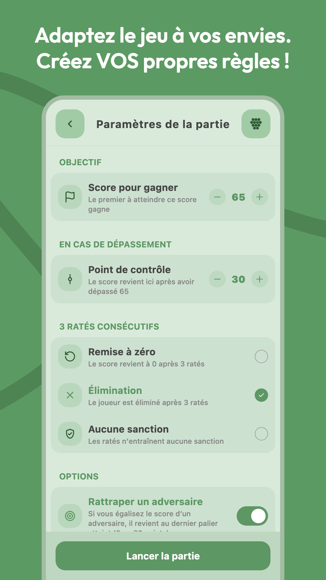 Écran des règles du jeu avec scores et pénalités personnalisables